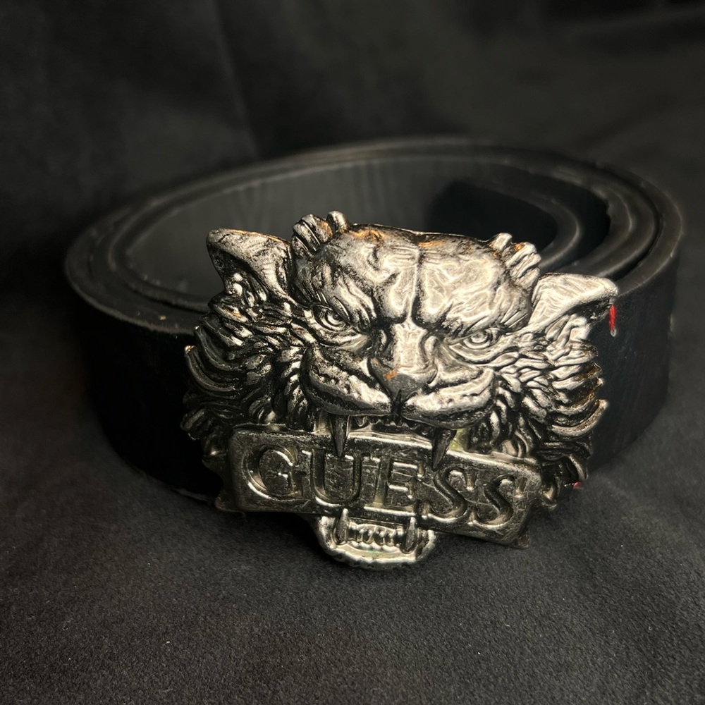 Rare Guess Black‎ Belt with Silver Tiger Buckle XL LSU CLEMSON AUBURN